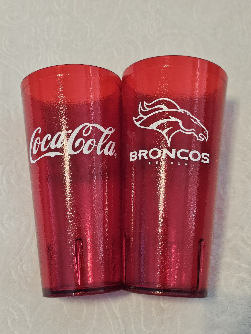 Vintage G.E.T. 24 oz Red Textured Plastic Tumbler Set –Coca-Cola Denver Broncos